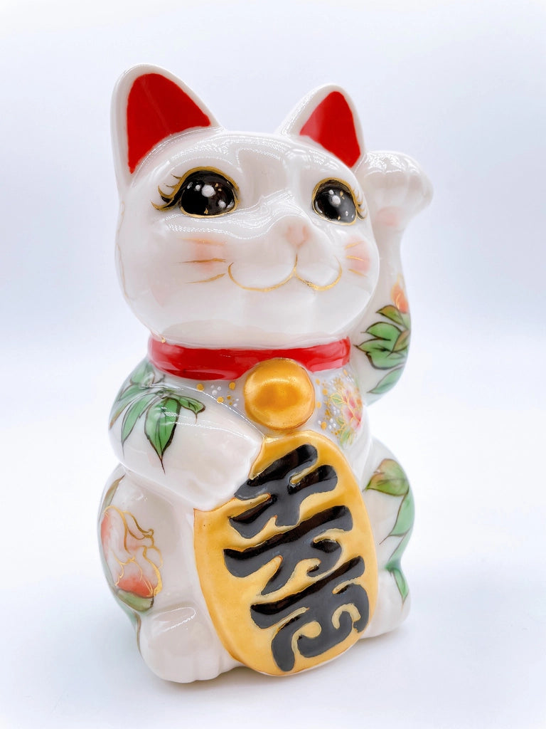 日本清水燒招財貓 白地 牡丹