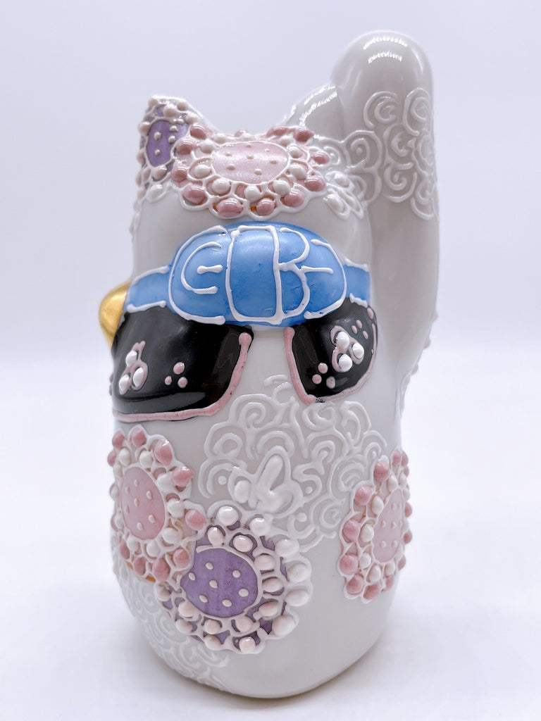 Japanese Kutani Ware Lucky Cat with Large Purple Flowers