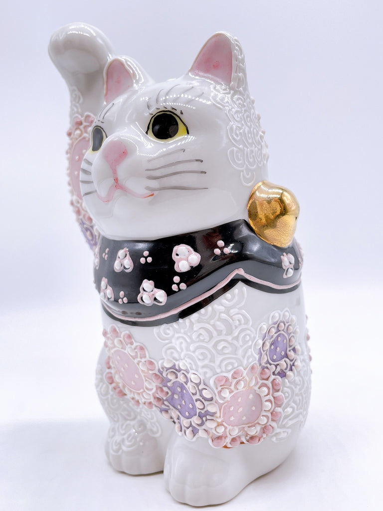 Japanese Kutani Ware Lucky Cat with Large Purple Flowers
