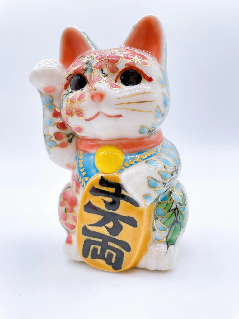 Japanese Kiyomizu-style lucky cat (pink and green vines)