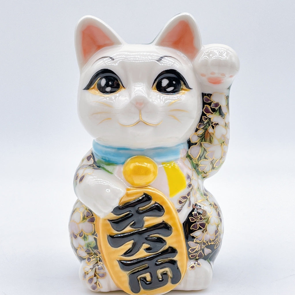 Japanese Kiyomizu-style lucky cat with black and white wisteria vines