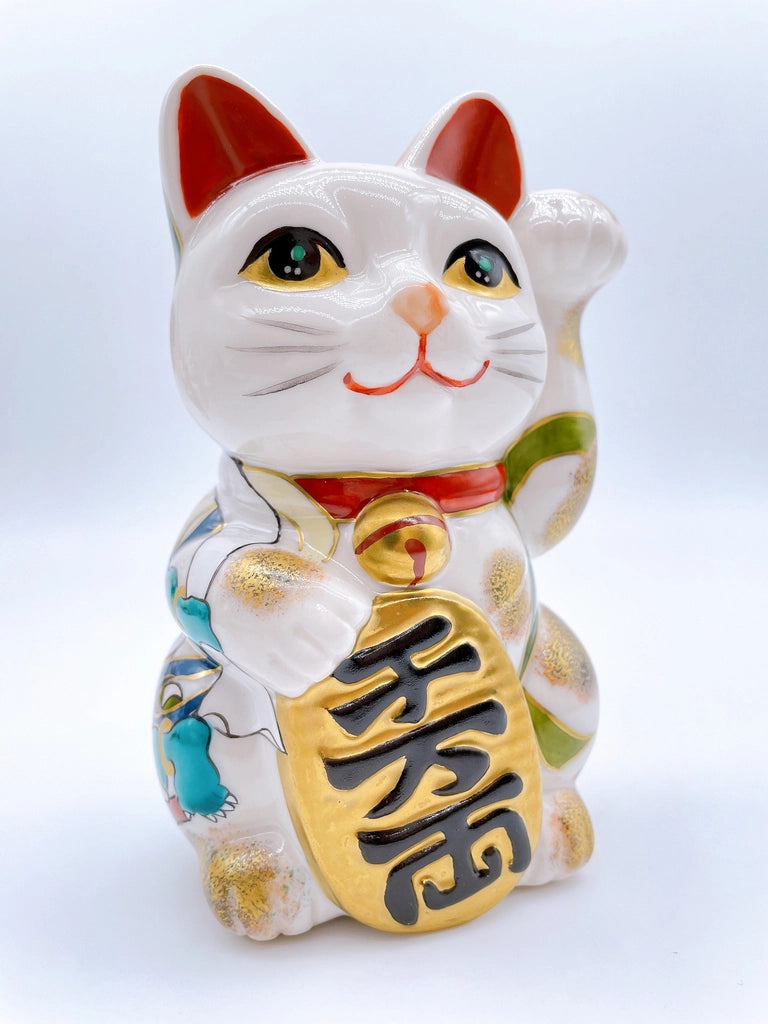 Japanese Kiyomizu-yaki lucky cat image with wind and thunder gods.