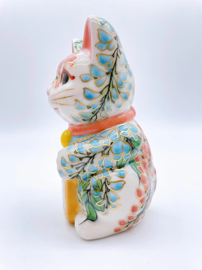 Japanese Kiyomizu-style lucky cat (pink and green vines)