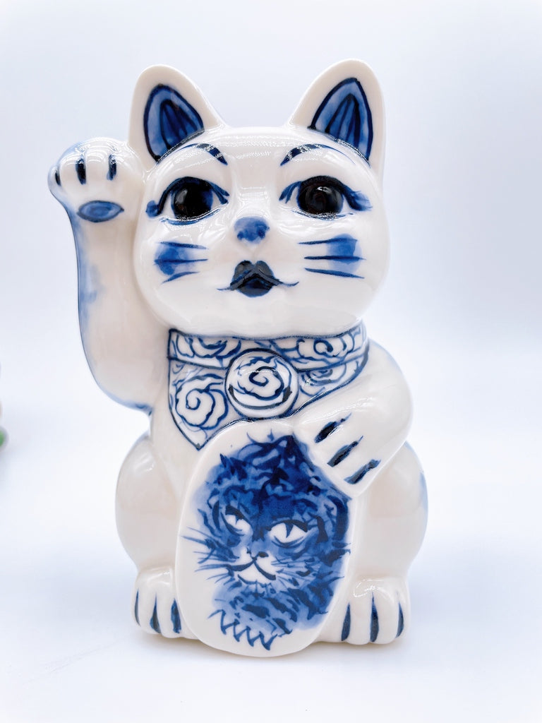 日本清水烧招财猫染付龙虎
