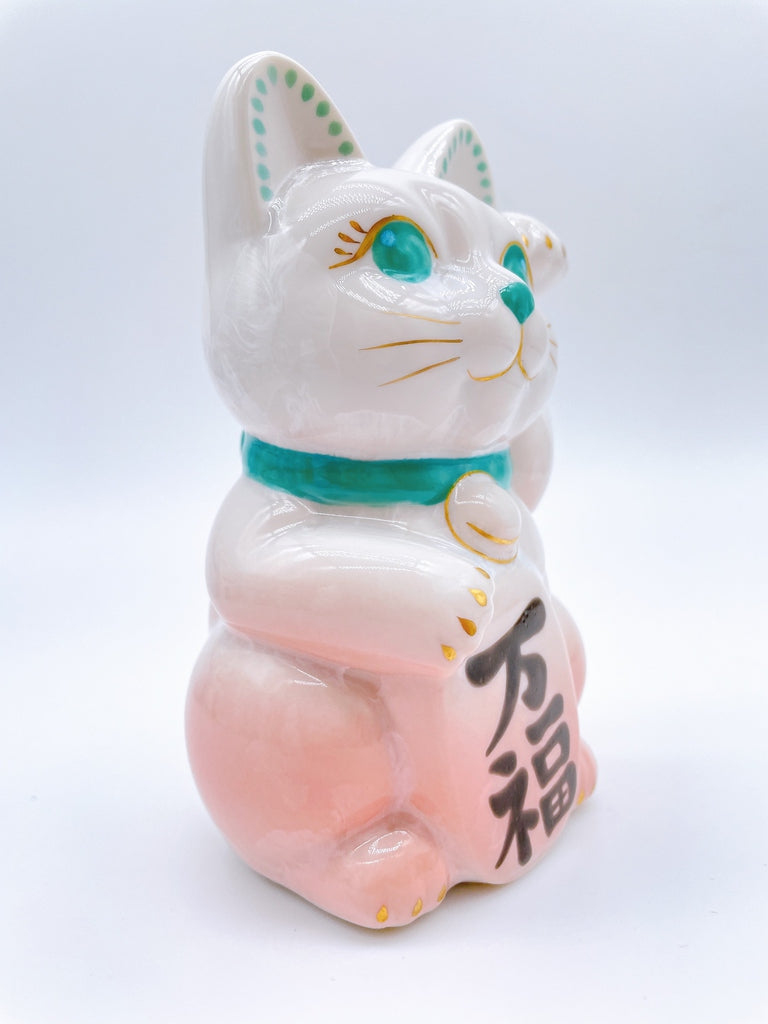 日本清水烧招财猫花结晶粉白