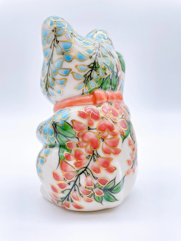 Japanese Kiyomizu-style lucky cat (pink and green vines)