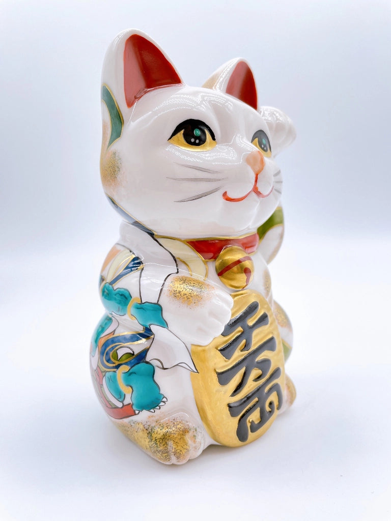 Japanese Kiyomizu-yaki lucky cat image with wind and thunder gods.