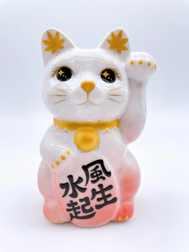 日本清水烧招财猫花结晶白桃