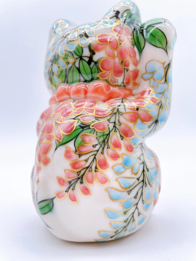 Japanese Kiyomizu-style lucky cat (pink and green vines)