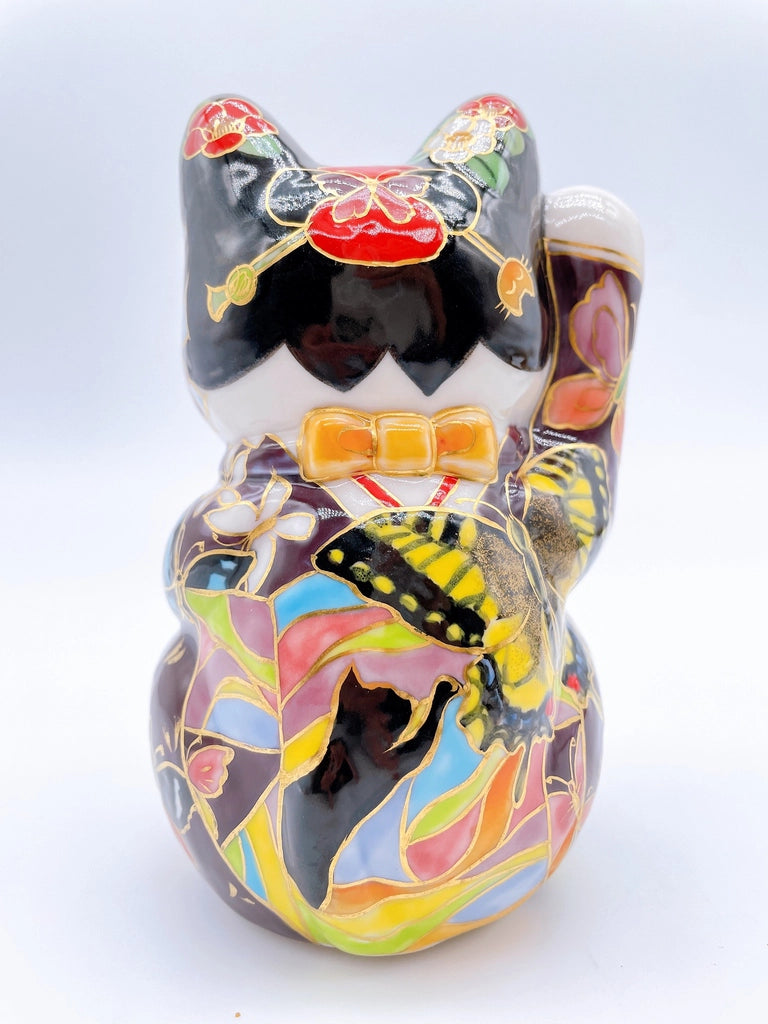 Japanese Kiyomizu-yaki lucky cat enamel painting Maiko Butterfly