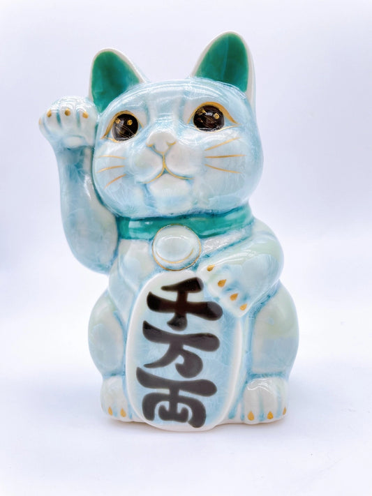 日本清水燒招財貓 花結晶 綠