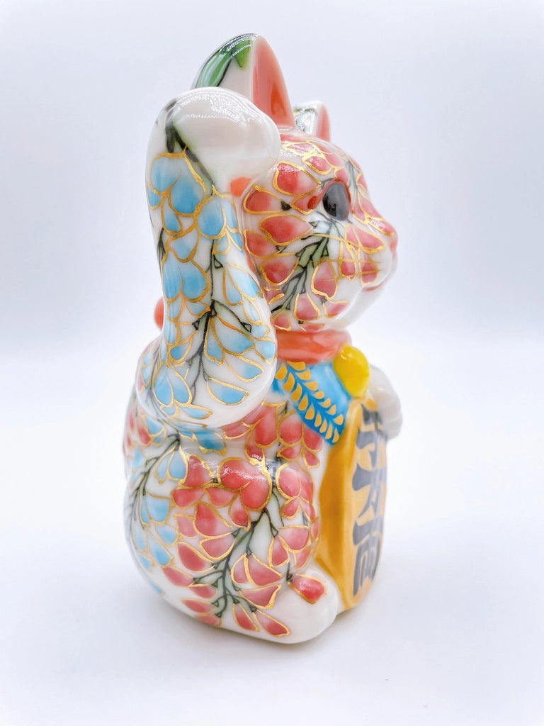 Japanese Kiyomizu-style lucky cat (pink and green vines)