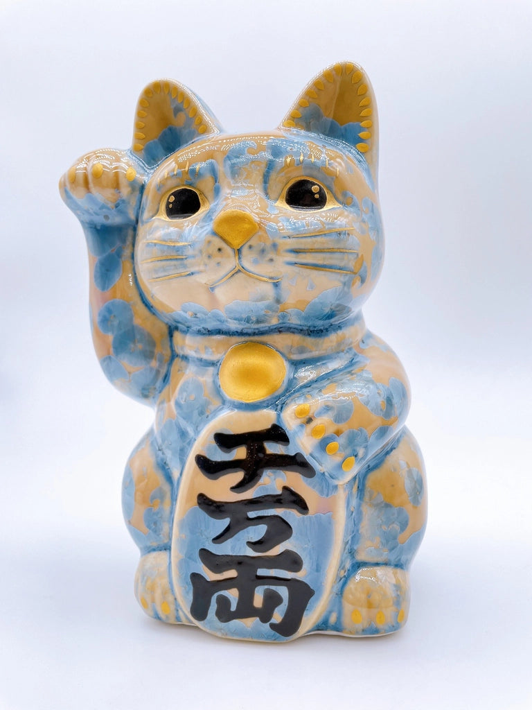 日本清水燒招財貓 花結晶 灰青 特大