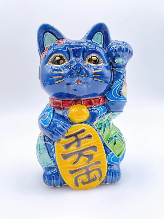 日本清水燒招財貓 交趾 紺青地 花