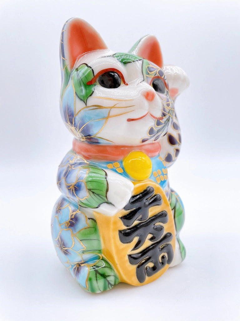 Japanese Kiyomizu-style lucky cat (pink and green vines)