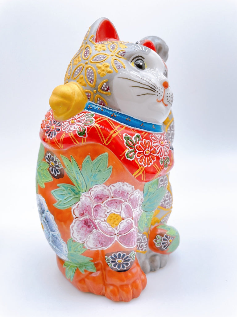 日本九谷燒招財貓 銀赤花盛 牡丹