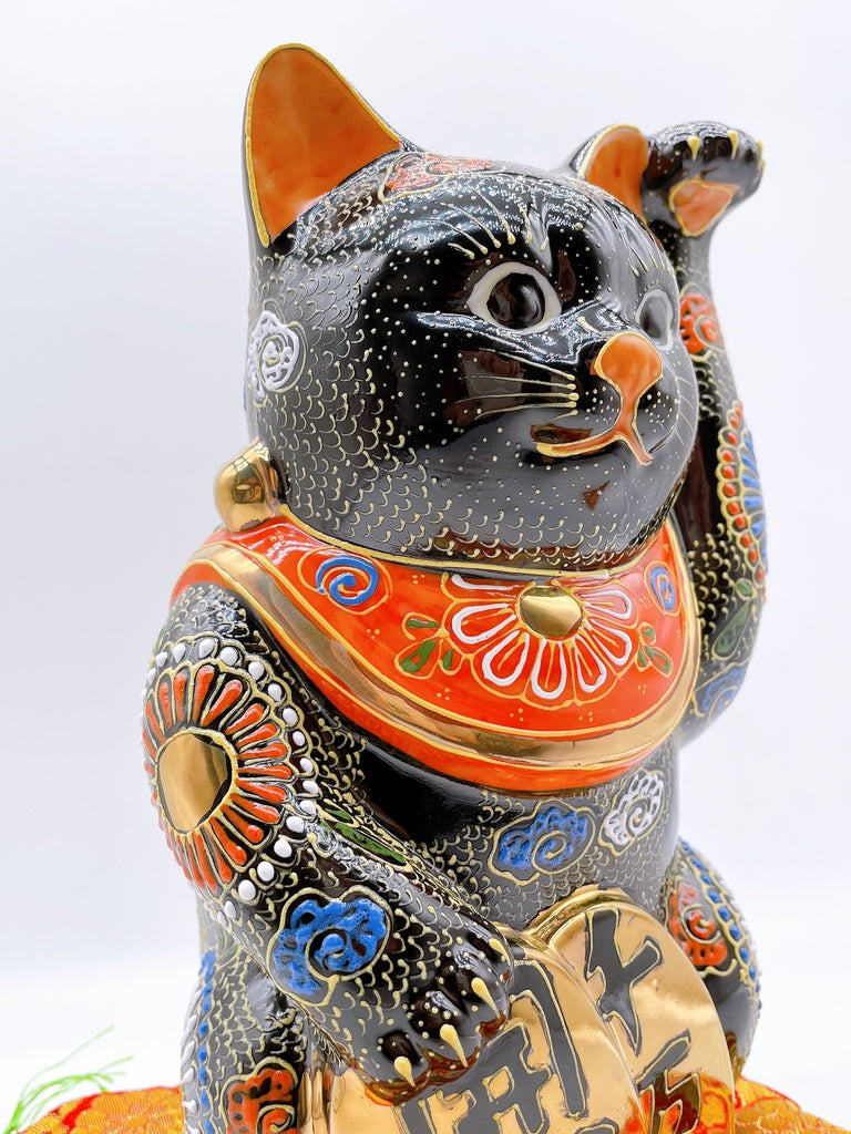Japanese Kutani-yaki black koban (lucky cat figurine) No. 7