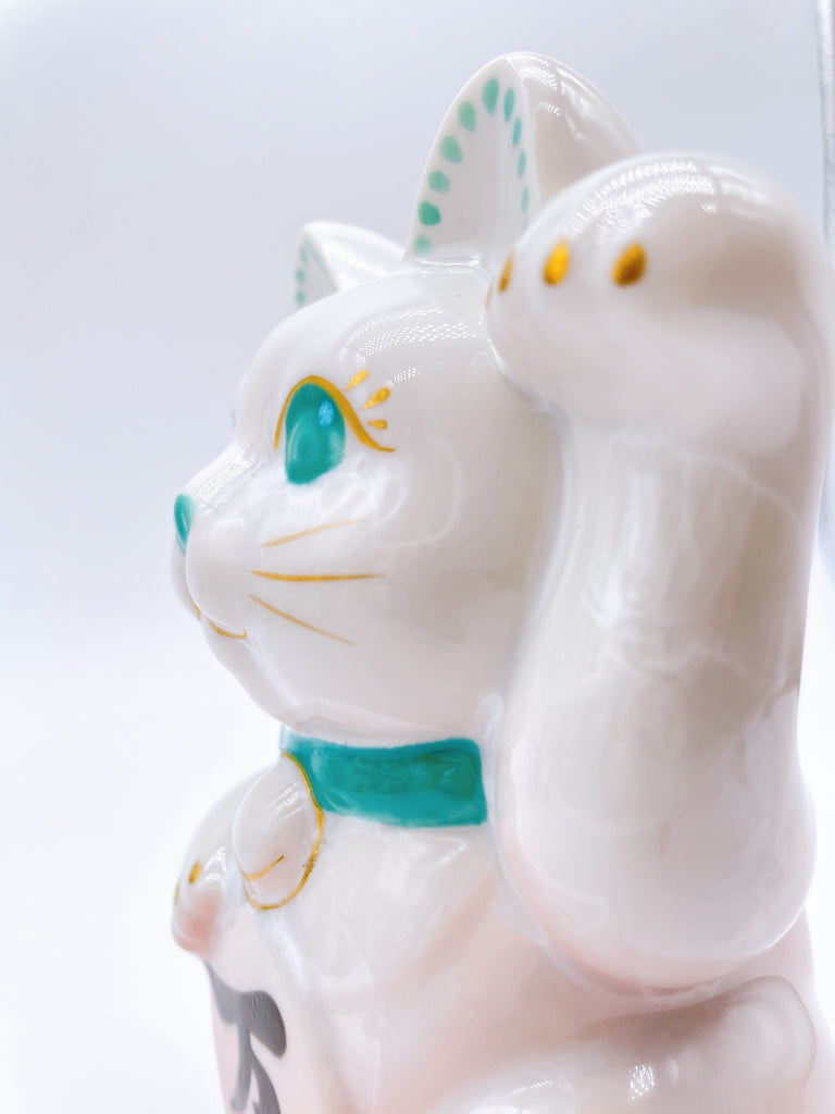 日本清水烧招财猫花结晶粉白