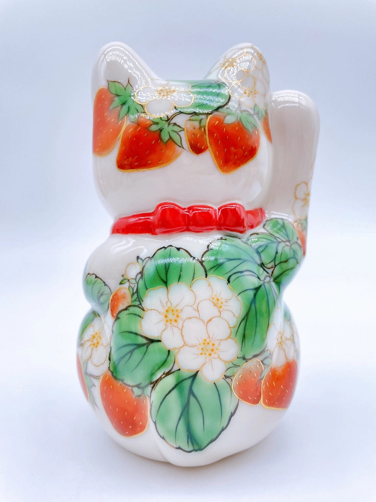 Japanese Shimizu-yaki lucky cat with white strawberry