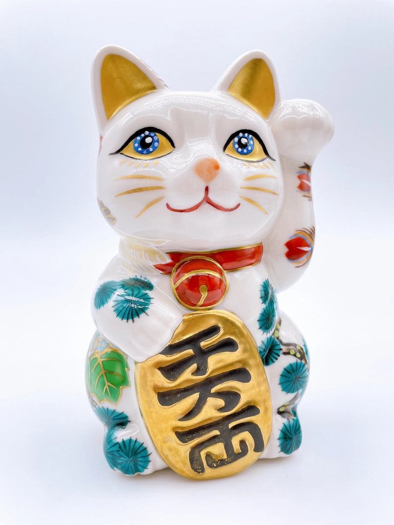 Japanese Kiyomizu-style lucky cat with white phoenix design