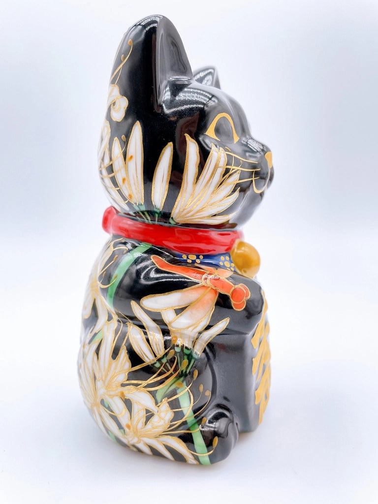 Japanese Kiyomizu-yaki lucky cat with manjusaka flowers