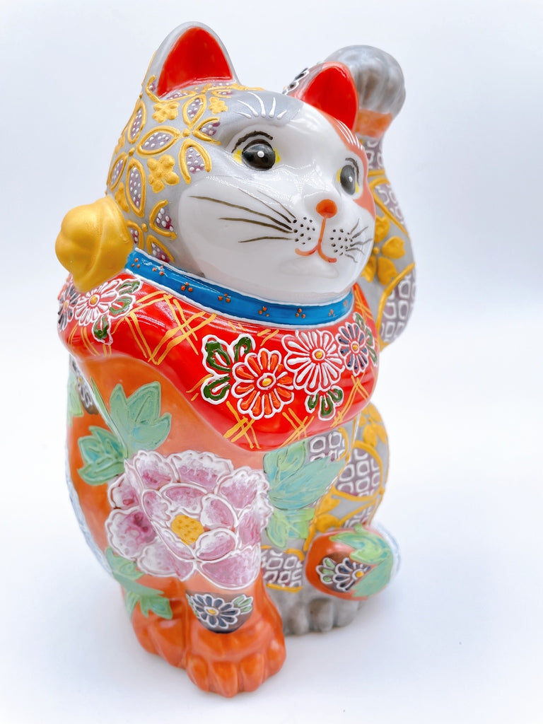 日本九谷燒招財貓 銀赤花盛 牡丹