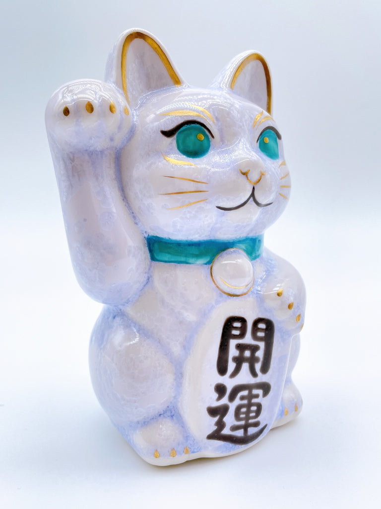 日本清水烧招财猫 花结晶 紫蓝 开运