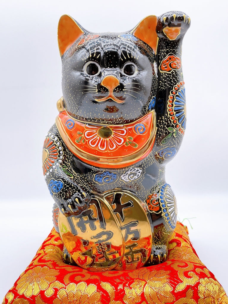 Japanese Kutani-yaki black koban (lucky cat figurine) No. 7