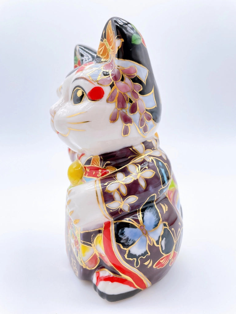 Japanese Kiyomizu-yaki lucky cat enamel painting Maiko Butterfly
