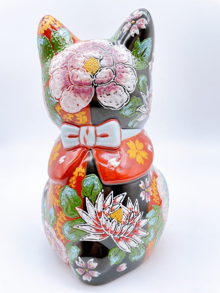 日本九谷燒招財貓 赤黑花盛