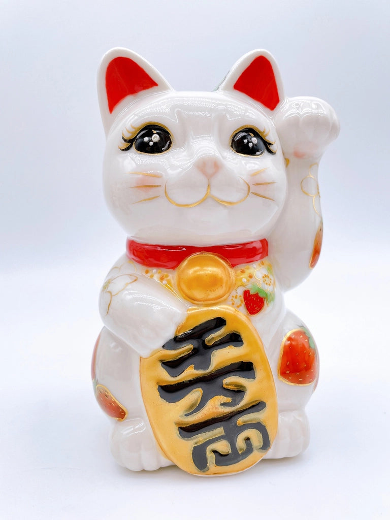 Japanese Shimizu-yaki lucky cat with white strawberry