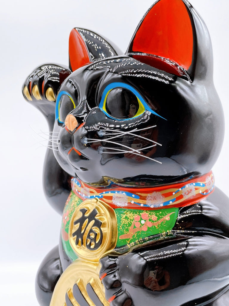 日本常滑小判招財貓 右手 黑色10號