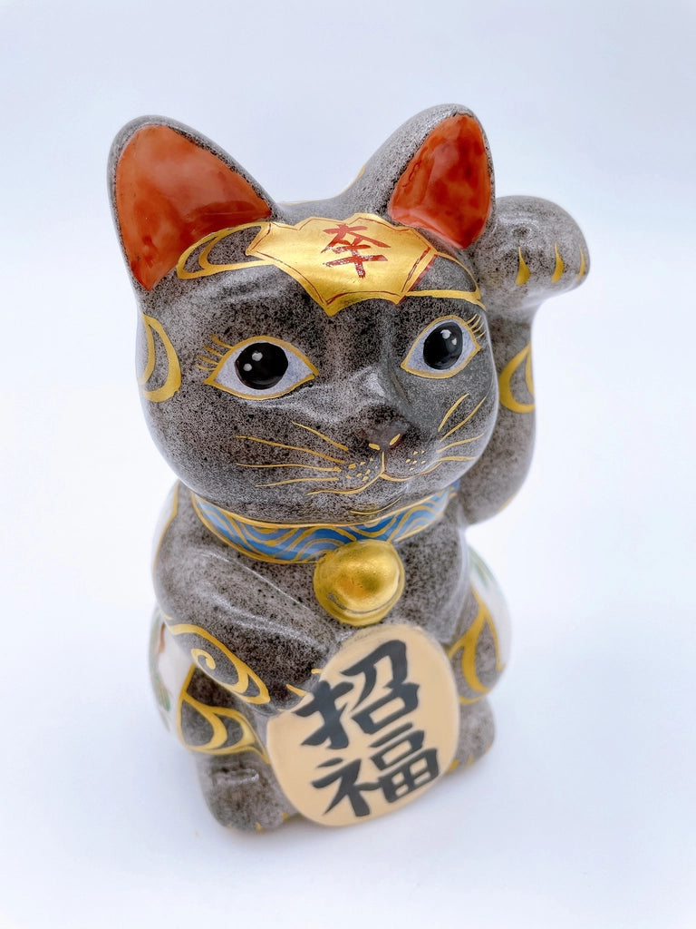 日本清水燒招財貓 薄黑地 櫻 松 紅葉