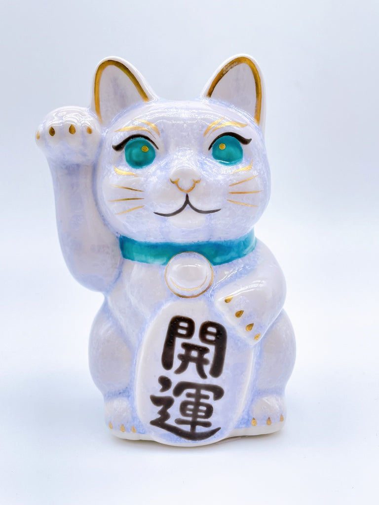 日本清水烧招财猫 花结晶 紫蓝 开运