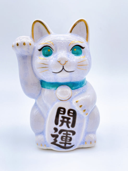 日本清水烧招财猫 花结晶 紫蓝 开运