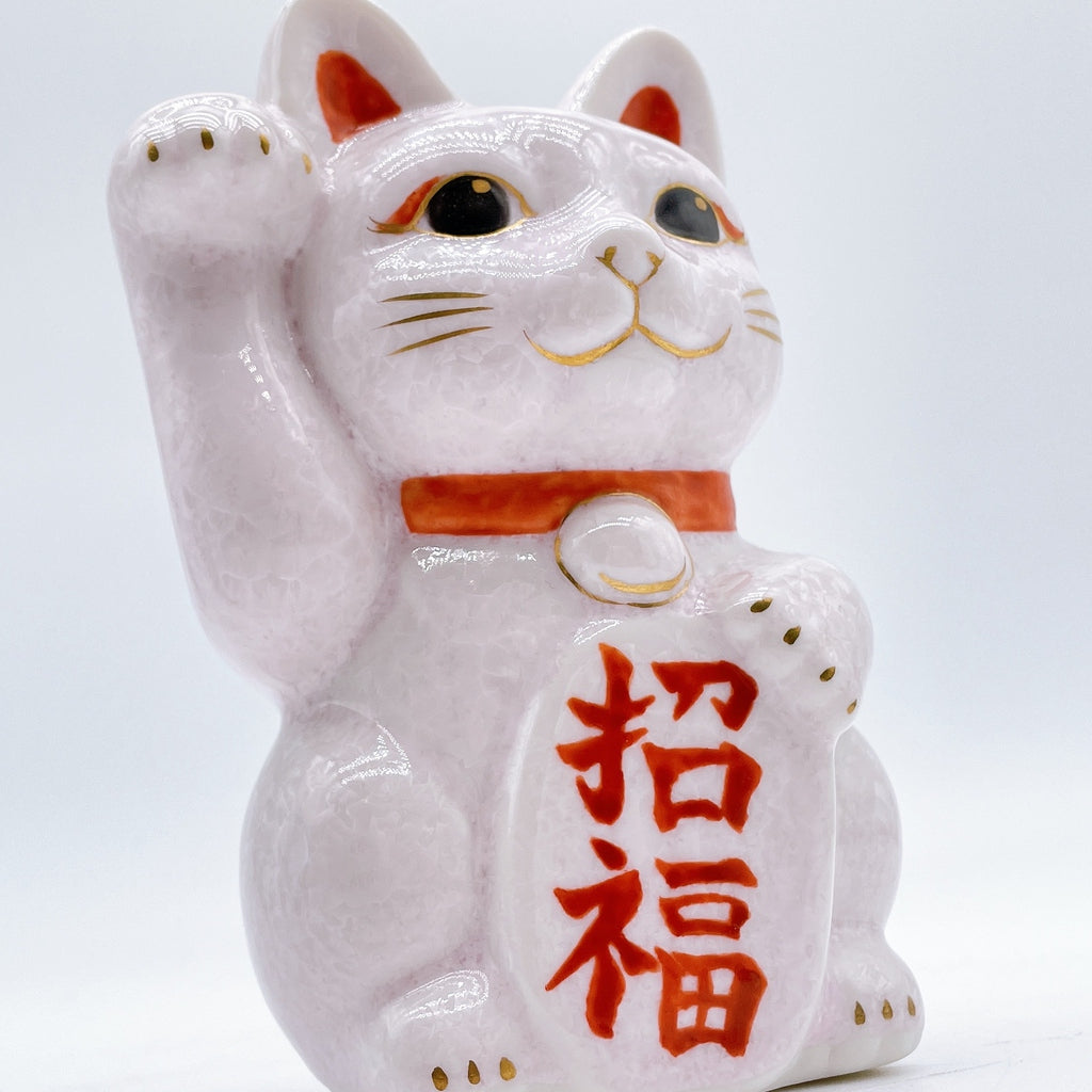日本清水烧招财猫花结晶招福粉红白