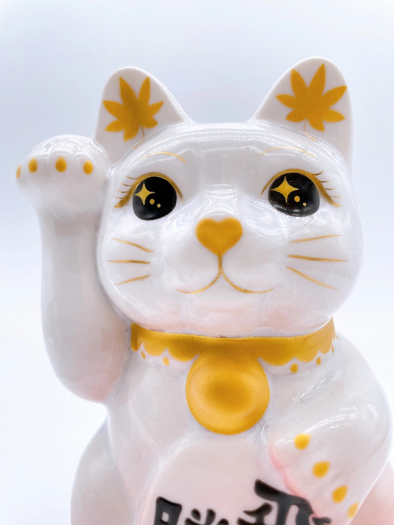 日本清水烧招财猫花结晶白桃