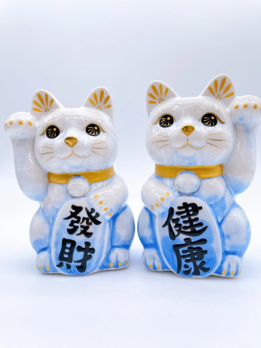 日本清水燒招財貓 花結晶 青白