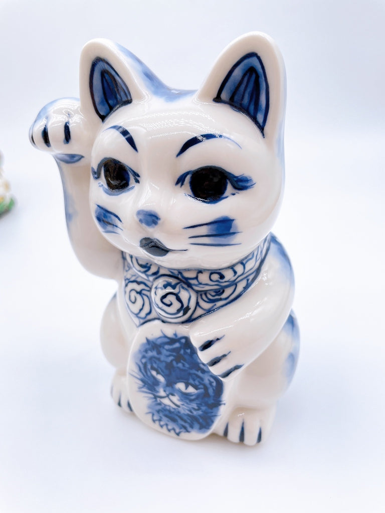 日本清水烧招财猫染付龙虎