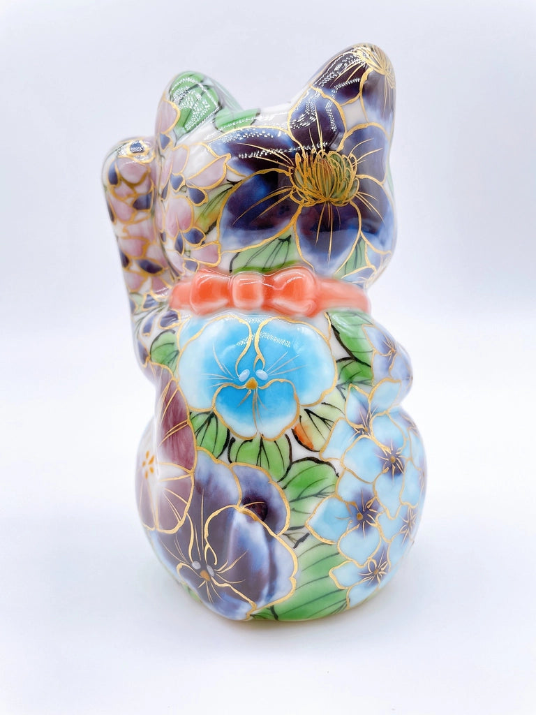 Japanese Kiyomizu-style lucky cat (pink and green vines)