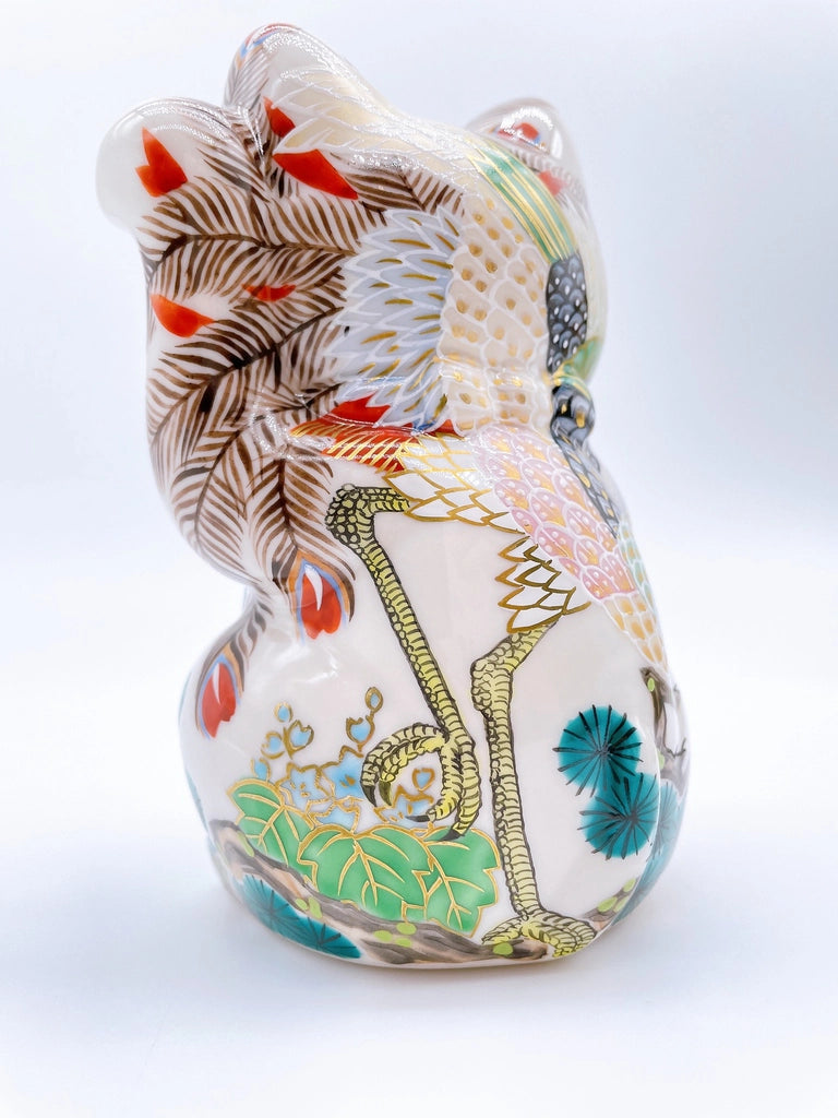 Japanese Kiyomizu-style lucky cat with white phoenix design