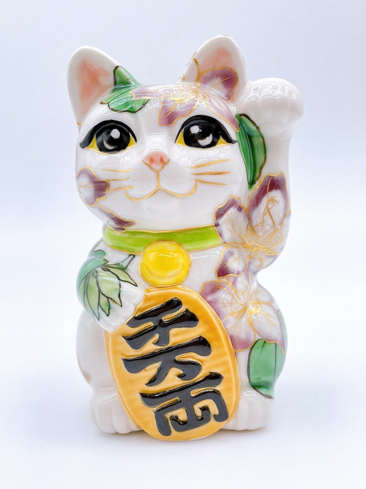 Japanese Kiyomizu-style lucky cat with bauhinia flower