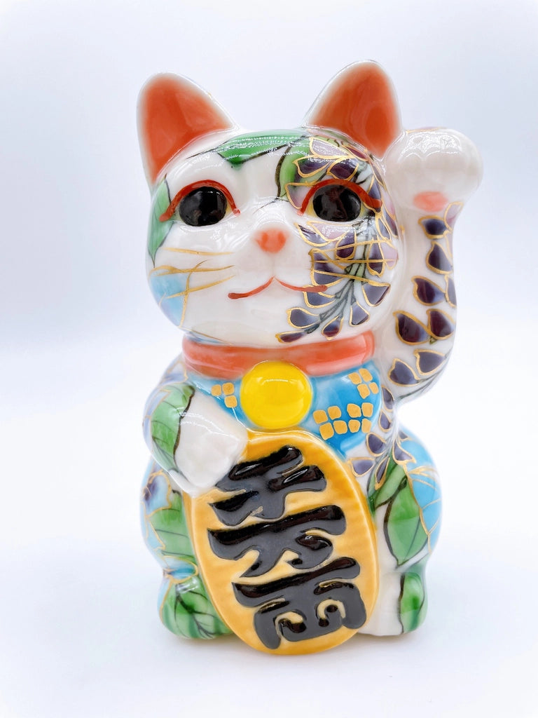 Japanese Kiyomizu-style lucky cat (pink and green vines)