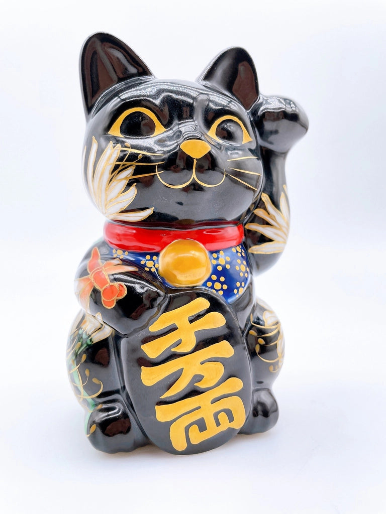 Japanese Kiyomizu-yaki lucky cat with manjusaka flowers