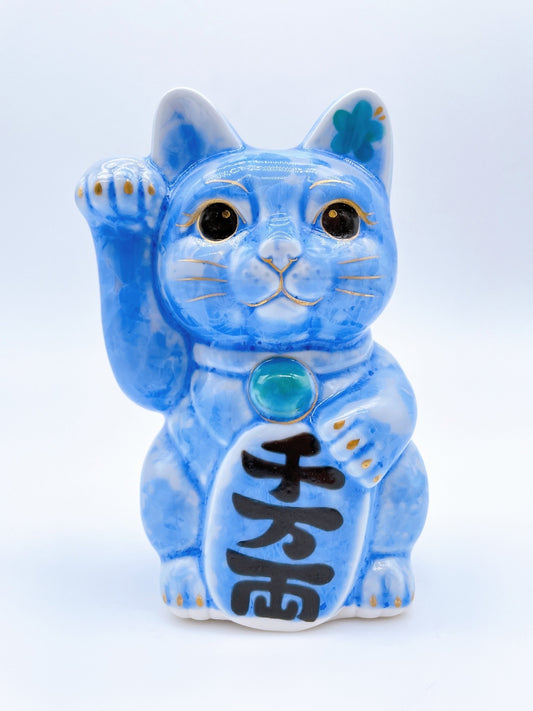 日本清水烧招财猫花结晶青