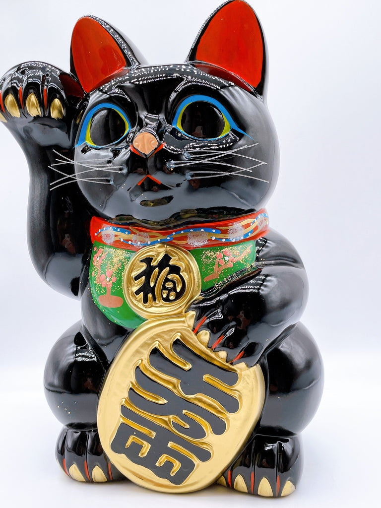 日本常滑小判招財貓 右手 黑色10號