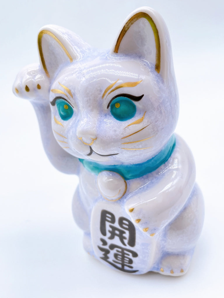 日本清水烧招财猫 花结晶 紫蓝 开运