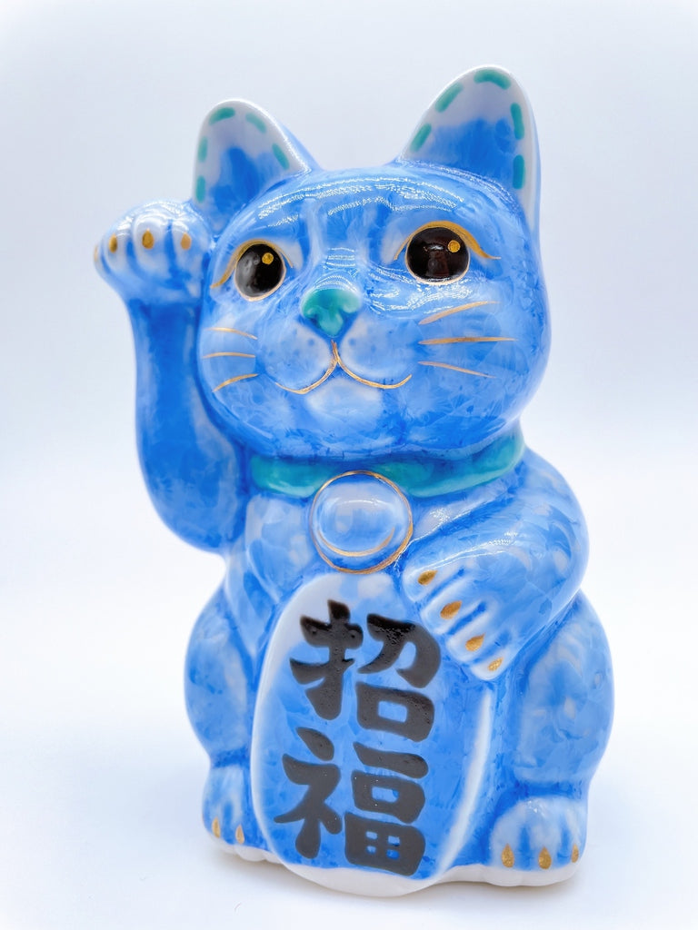 日本清水烧招财猫花结晶青