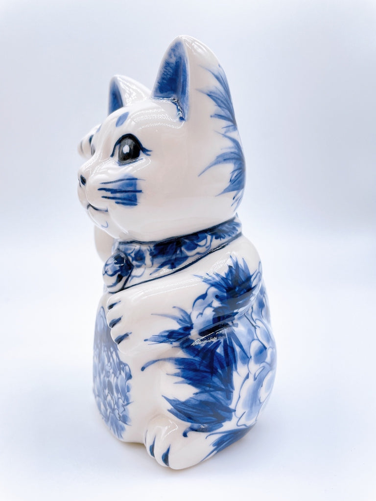 日本清水烧招财猫染付牡丹