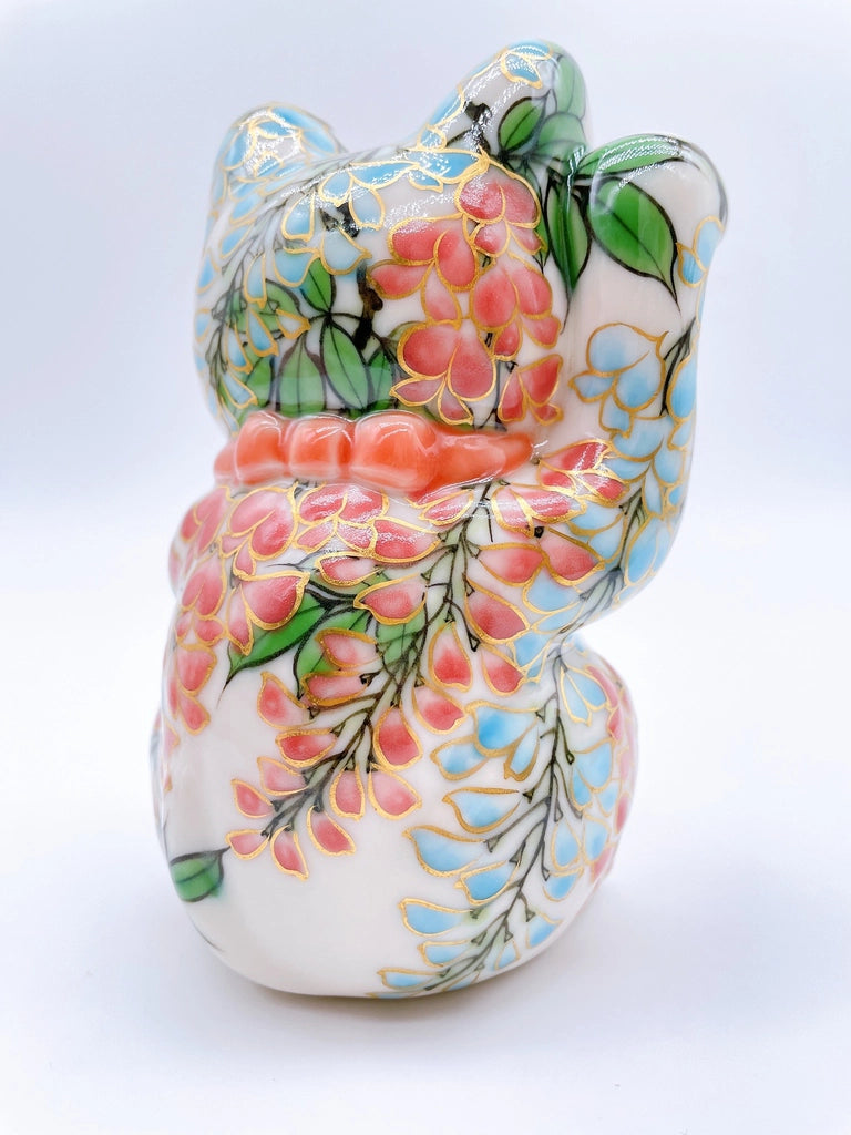 Japanese Kiyomizu-style lucky cat (pink and green vines)